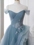 Blue Tulle Lace Long Prom Dress, Gray Blue Formal Dress HZ1024
