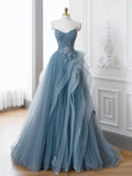 Blue Tulle Lace Long Prom Dress, Gray Blue Formal Dress HZ1024