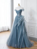 Blue Tulle Lace Long Prom Dress, Gray Blue Formal Dress HZ1024