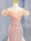 Mermaid Tulle Off Shoulder Sweetheart Party Dress, Sequins Prom Dress HZ1024