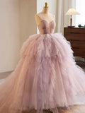 Sweetheart Neck Tulle Pink Long Prom Dress, Pink Evening Dress HZ1024
