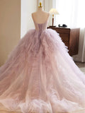 Sweetheart Neck Tulle Pink Long Prom Dress, Pink Evening Dress HZ1024