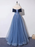 Blue A-Line Tulle Long Prom Dress, Gray Blue Long Formal Dress HZ1024
