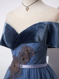 Blue A-Line Tulle Long Prom Dress, Gray Blue Long Formal Dress HZ1024