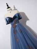 Blue A-Line Tulle Long Prom Dress, Gray Blue Long Formal Dress HZ1024