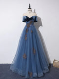 Blue A-Line Tulle Long Prom Dress, Gray Blue Long Formal Dress HZ1024