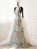 A-Line Sequin Flower Tulle Long Prom Dress, White Formal Evening Dress HZ1024