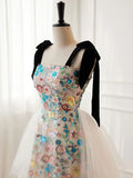 A-Line Sequin Flower Tulle Long Prom Dress, White Formal Evening Dress HZ1024