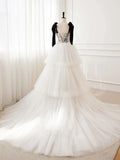A-Line Sequin Flower Tulle Long Prom Dress, White Formal Evening Dress HZ1024