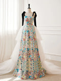 A-Line Sequin Flower Tulle Long Prom Dress, White Formal Evening Dress HZ1024