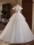 Off Shoulder Tulle Lace Long Prom Dress, White Long Wedding Dress HZ1024