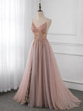 V Neck Tulle Beading Pink Long Prom Dress. Pink Formal Dress HZ1024