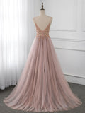 V Neck Tulle Beading Pink Long Prom Dress. Pink Formal Dress HZ1024