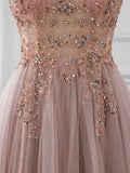 V Neck Tulle Beading Pink Long Prom Dress. Pink Formal Dress HZ1024