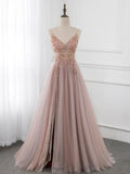V Neck Tulle Beading Pink Long Prom Dress. Pink Formal Dress HZ1024