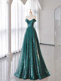Tulle Sequin Dark Green Long Prom Dress, Green Formal Evening Dress HZ1024
