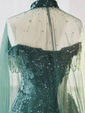 Tulle Sequin Dark Green Long Prom Dress, Green Formal Evening Dress HZ1024