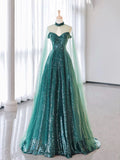 Tulle Sequin Dark Green Long Prom Dress, Green Formal Evening Dress HZ1024