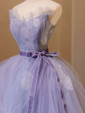 V Neck Tulle Lace Long Prom Dress, Purple Formal Sweet 16 Dress HZ1024