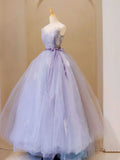 V Neck Tulle Lace Long Prom Dress, Purple Formal Sweet 16 Dress HZ1024