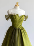 Off Shoulder Satin Green Long Prom Dress, Green Formal Dress HZ1024