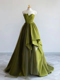 Off Shoulder Satin Green Long Prom Dress, Green Formal Dress HZ1024
