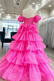 Hot Pink Tulle Lace Sweetheart Long Layered Prom Dress HZ1024