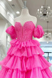 Hot Pink Tulle Lace Sweetheart Long Layered Prom Dress HZ1024