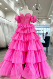 Hot Pink Tulle Lace Sweetheart Long Layered Prom Dress HZ1024