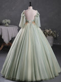 A-Line 3D Lace Long Prom Dress, Green Lace Sweet 16 Dress HZ1024