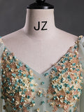 A-Line 3D Lace Long Prom Dress, Green Lace Sweet 16 Dress HZ1024