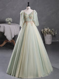 A-Line 3D Lace Long Prom Dress, Green Lace Sweet 16 Dress HZ1024