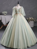 A-Line 3D Lace Long Prom Dress, Green Lace Sweet 16 Dress HZ1024