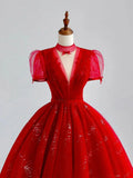 A-Line Tulle Sequin Long Prom Dress, Burgundy Formal Dress HZ1024