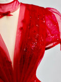 A-Line Tulle Sequin Long Prom Dress, Burgundy Formal Dress HZ1024