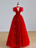 A-Line Tulle Sequin Long Prom Dress, Burgundy Formal Dress HZ1024