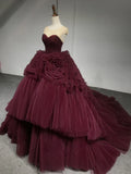 Round Neck Tulle Burgundy Long Prom Gown, Burgundy Long Evening Dress HZ1024