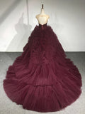 Round Neck Tulle Burgundy Long Prom Gown, Burgundy Long Evening Dress HZ1024