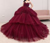 Round Neck Tulle Burgundy Long Prom Gown, Burgundy Long Evening Dress HZ1024