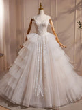 Sweetheart Neck Tulle Lace Applique Beige Long Prom Dress with Beads HZ1024