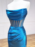 Satin Mermaid Long Prom Dresses, Blue Formal Evening Dresses HZ1024