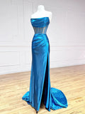 Satin Mermaid Long Prom Dresses, Blue Formal Evening Dresses HZ1024