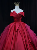 Off Shoulder Satin Tulle Long Prom Gown, Red Long Evening Gown HZ1024