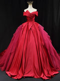 Off Shoulder Satin Tulle Long Prom Gown, Red Long Evening Gown HZ1024