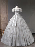 A-Line Tulle Sequin Long Prom Dress, Gray Formal Evening Dresses HZ1024