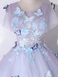 Round Neck Tulle Lace Purple Long Prom Dress, Purple Formal Dress HZ1024