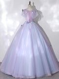 Round Neck Tulle Lace Purple Long Prom Dress, Purple Formal Dress HZ1024