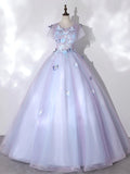 Round Neck Tulle Lace Purple Long Prom Dress, Purple Formal Dress HZ1024