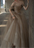 Tulle Lace Long Prom Dress, Champagne Formal Evening Dress HZ1024