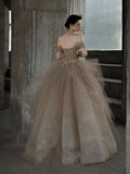 Tulle Lace Long Prom Dress, Champagne Formal Evening Dress HZ1024